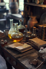 Antique Laboratory Desk with Old Books, Glass Bottles, and Scientific Instruments in Historical Setting