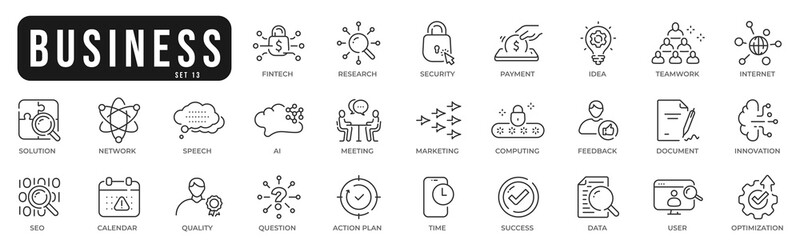 Business related original icons. Network, teamwork, payment, computing, seo, ai etc. Editable stroke. Set 13