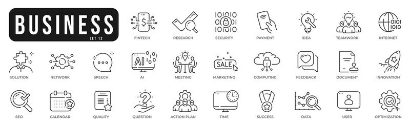 Business related original icons. Network, teamwork, payment, computing, seo, ai etc. Editable stroke. Set 12