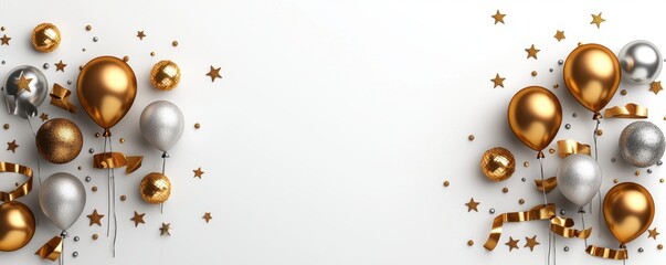 Festive celebration scene with golden and silver balloons, stars, and ribbons on a clean background, perfect for party themes.