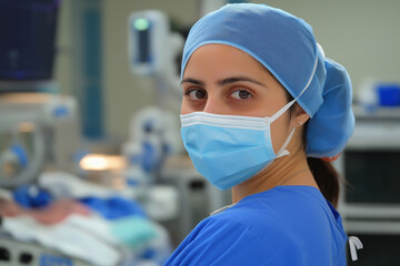 Female Doctor in Surgical Scrubs with Face Mask in Modern Hospital Operating Room