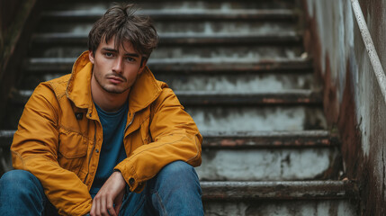Fototapeta premium Pensive Young Man in Yellow Jacket Sitting on Weathered Stairs in Urban Setting