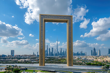Dubai Frame stands majestically against vibrant skyline, showcasing citys modern architecture and lush greenery. stunning view captures essence of Dubais urban landscape