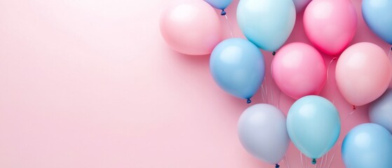 Beautiful panoramic background with pink and blue balloons, with copy space