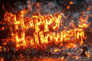 Fiery 'Happy Halloween' text with burning flames and sparks