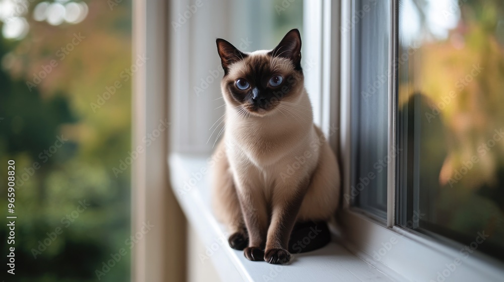 Wall mural A Siamese cat sitting gracefully on a windowsill, gazing outside.