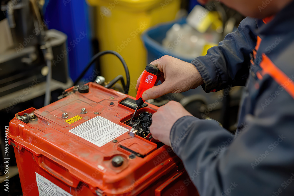 Poster a technician demonstrating how to check battery fluid, showcasing expertise and precision in worksho