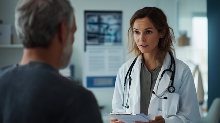 Fototapeta premium A female doctor in a white coat consults a male patient in a modern medical office during a routine check-up