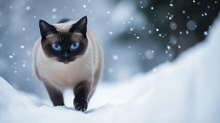 A Siamese cat walks through the snow, surrounded by falling snowflakes.