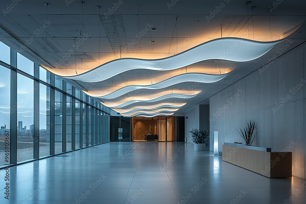 Poster a large, empty room with a long, curved ceiling and a large window