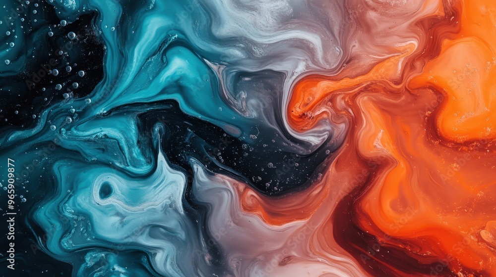 Poster dynamic flow of colors in abstract art: captivating swirls of turquoise and red merging together