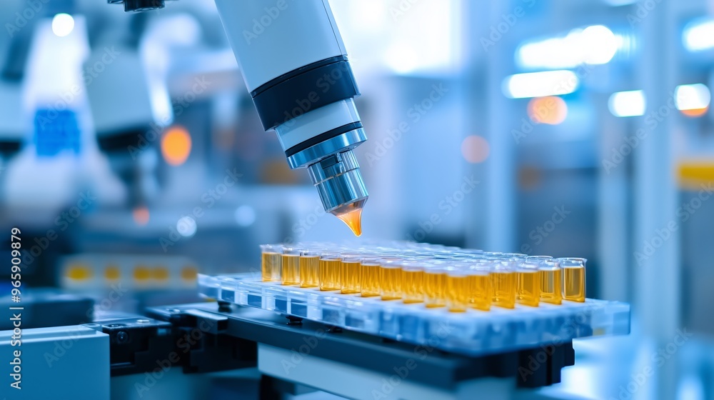 Poster advanced robotic system performing automated analysis on sample vials in a modern laboratory during 