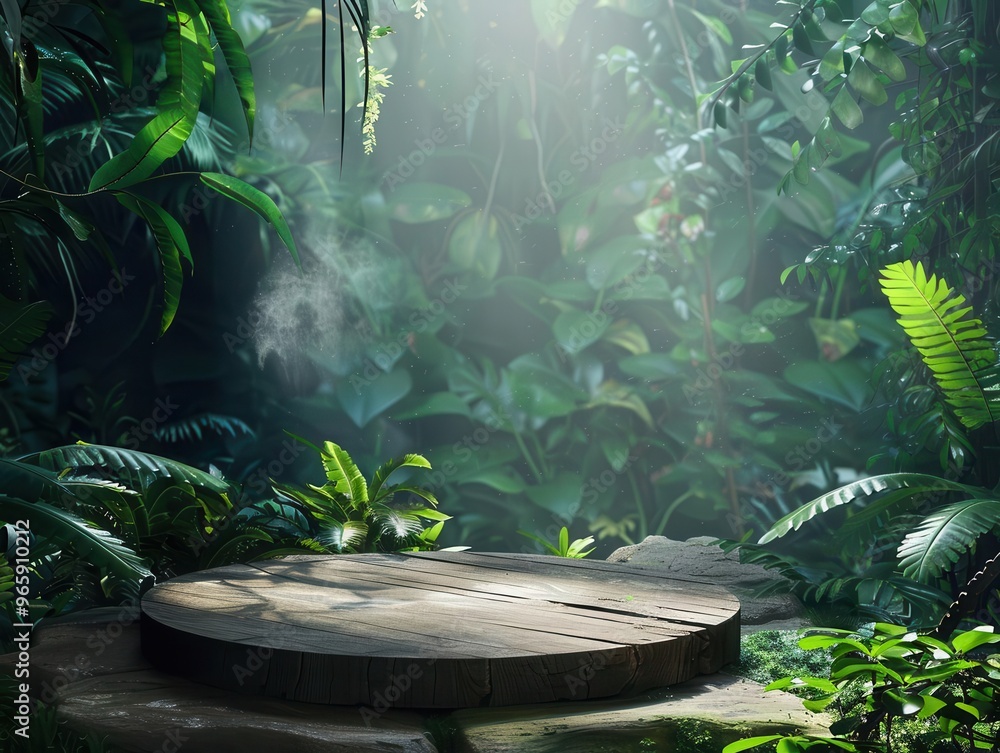 Poster ancient wooden podium emerging from lush tropical foliage dappled sunlight filters through dense can