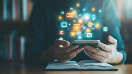 A person learning to use new technology, such as a smartphone or software application, with a guidebook or tutorial on hand to help with the adaptation process