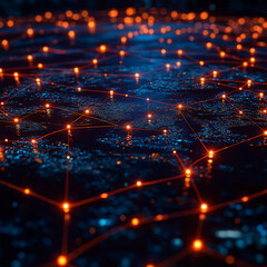 Obraz premium A computer generated image of a city with a network of orange lights