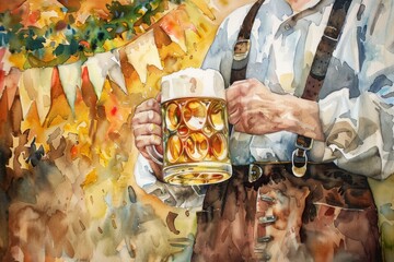 Man in traditional Bavarian lederhosen hoisting a frothy beer mug with festive Oktoberfest banner in the background