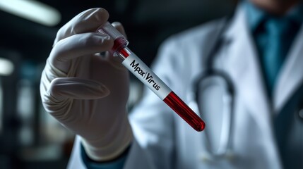 Doctor holding a blood sample marked Mpox virus in a dark lab setting, emphasizing testing for viral outbreak prevention