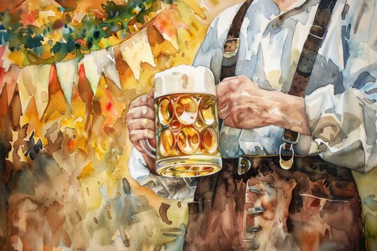 Man in traditional Bavarian lederhosen hoisting a frothy beer mug with festive Oktoberfest banner in the background