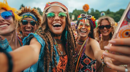 Joyful group of friends taking a selfie at a vibrant festival