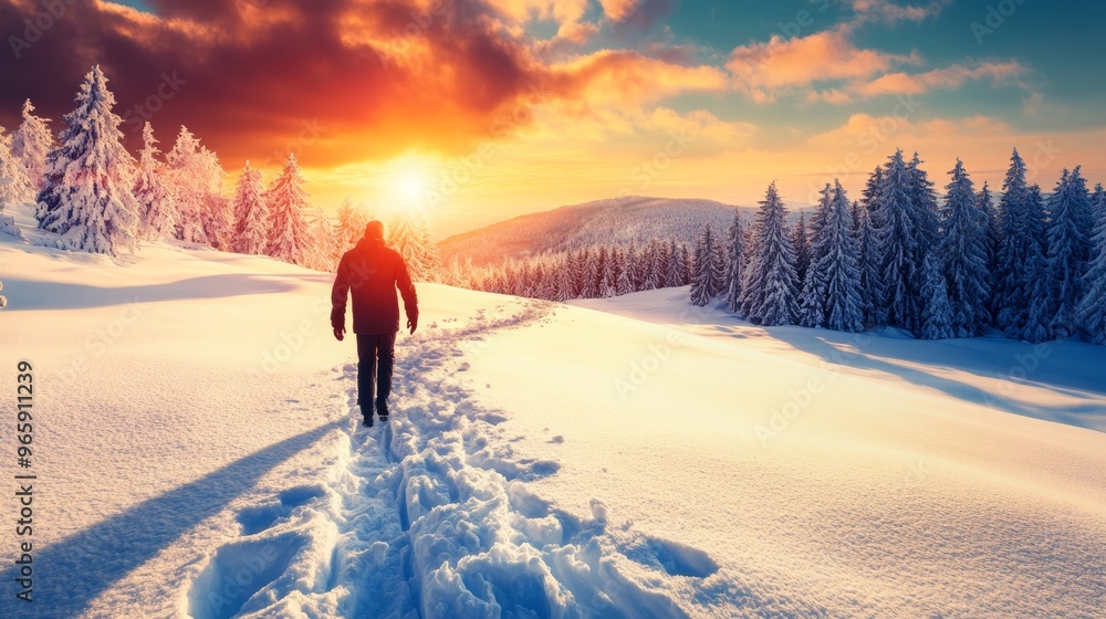 Wall mural Active Individual Hiking a Snowy Hill on a Bright Winter Day