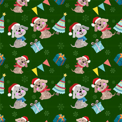 Cute dog gift box christmas tree on green color background pattern
