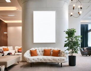 Rectangular white mock-up on a wall above a grey sofa in the large lobby of a hotel or office.