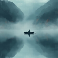 Fototapeta na wymiar A man is in a boat on a lake, surrounded by mountains