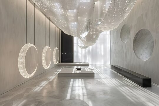 Fototapeta A white room with a large white ceiling and a black door