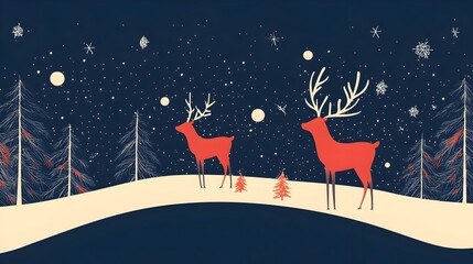 Magical Snowy Winter Landscape with Silhouettes of Deer in Starry Night Sky