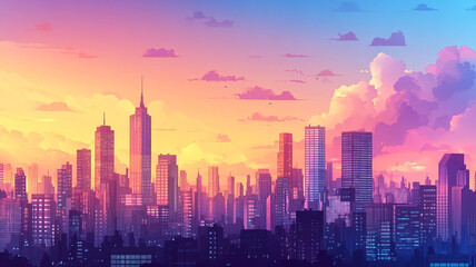Fototapeta premium Colorful sunset over a bustling city skyline with tall buildings and vibrant clouds