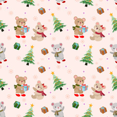 Obraz premium Christmas concept with cute bear gift box and Christmas tree pattern
