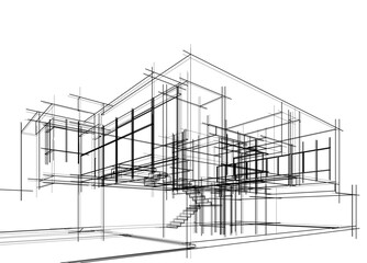 Architectural sketch of a building 3d illustration
