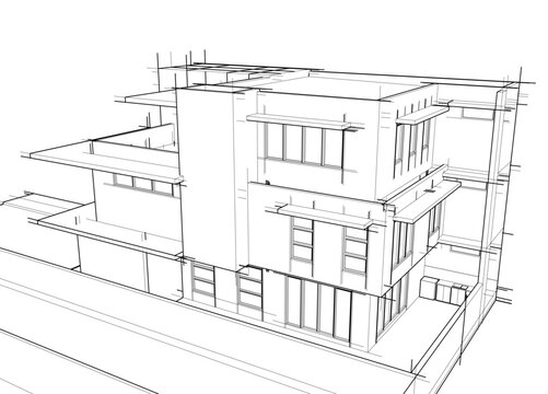 Architectural sketch of a building 3d illustration