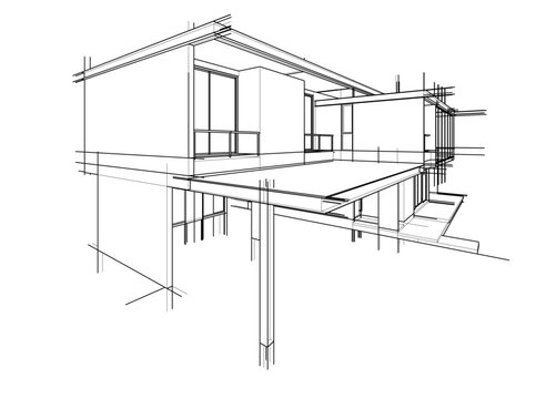 Architectural sketch of a building 3d illustration