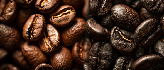 Close up of flying roasted coffee beans. Macro shot of coffee for advertising, cafe banner. Generative ai