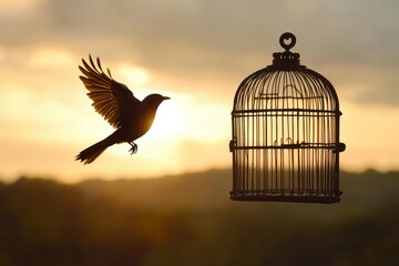A bird flying over a cage with the letters A and B on the cage. Concept of freedom and escape