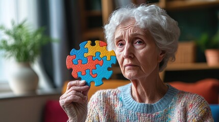 An elderly woman holds a jigsaw puzzle piece shaped like a brain, symbolizing memory loss, with a thoughtful expression on her face