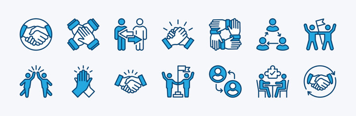 Set of cooperation icon vector. Containing teamwork, team working together, handshake, agreement, collaboration, achievement, support, success business, share, deal, meeting, goal, partnership