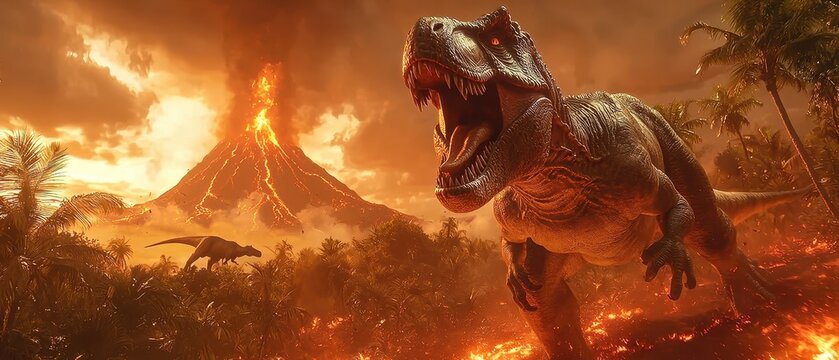 A T-Rex is walking through a forest with a volcano in the background