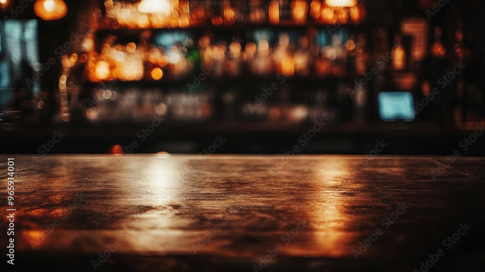 Poster an empty bar counter in the foreground, with blurry liquor bottles on a shelf in the background, cre