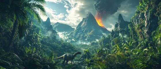A dinosaur is walking through a jungle with a volcano in the background