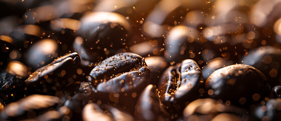 Close up of flying roasted coffee beans with golden shimmer, particles. Macro shot of coffee for advertising, cafe banner. Generative ai
