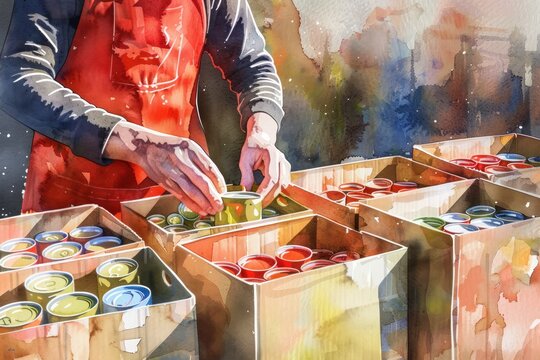 Volunteer in red apron sorting colorful canned food into brown boxes conveying a heartfelt Thanksgiving spirit isolated on a gradient background