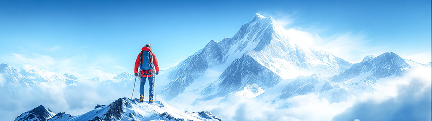 Fototapeta premium Achieving Great Heights: Mountain Climber's Triumph in Travel Adventure