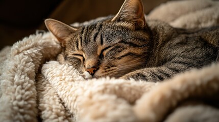 A sleeping cat curled up on a cozy blanket.