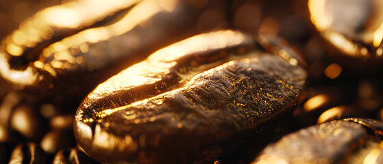 Close up of flying roasted golden coffee beans with golden shimmer, particles, bokeh. Macro shot of coffee for advertising, cafe banner. Generative ai	