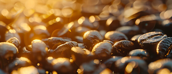 Close up of flying roasted coffee beans. Macro shot of coffee for advertising, cafe banner. Generative ai	