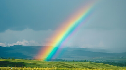 Obraz premium Vibrant rainbow over green fields and distant mountains