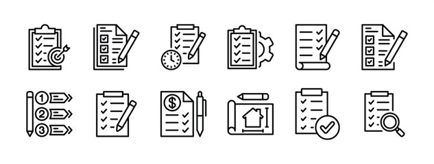 Business planning document thin line icon set. Clipboard, form, note paper. Containing target, time, management, checklist, list, finance budget, tasks, house sketch, project. Vector illustration