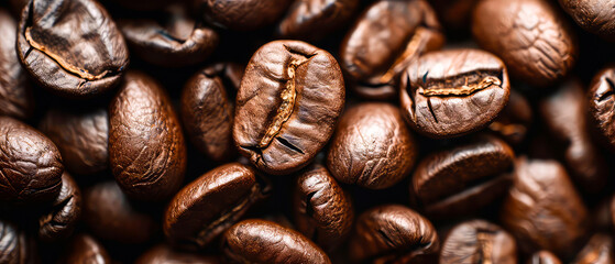 Close up of flying roasted coffee beans. Macro shot of coffee for advertising, cafe banner. Generative ai	